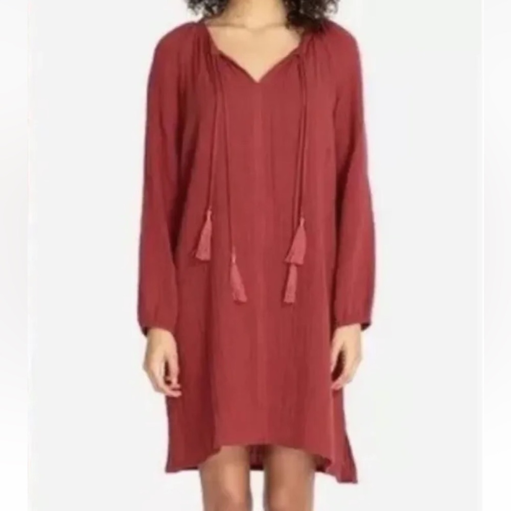 Johnny Was Calme Cotton Tassel Burgundy Red Rust Gauze Boho Shift Dress S Small